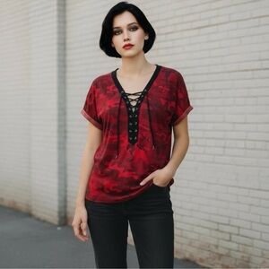 ROCK & REPUBLIC S Red Camo Camouflage Shirt Laces Detail R $39